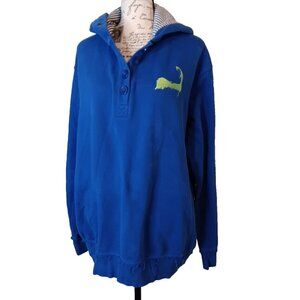 Cuffy's Blue XL Cape Cod Hooded Sweatshirt 1/4 Button, Embroidered Massachusetts
